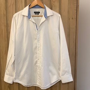 NWOT Bugatchi Classic Fit Cotton Shirt White with Royal Blue Contrast
